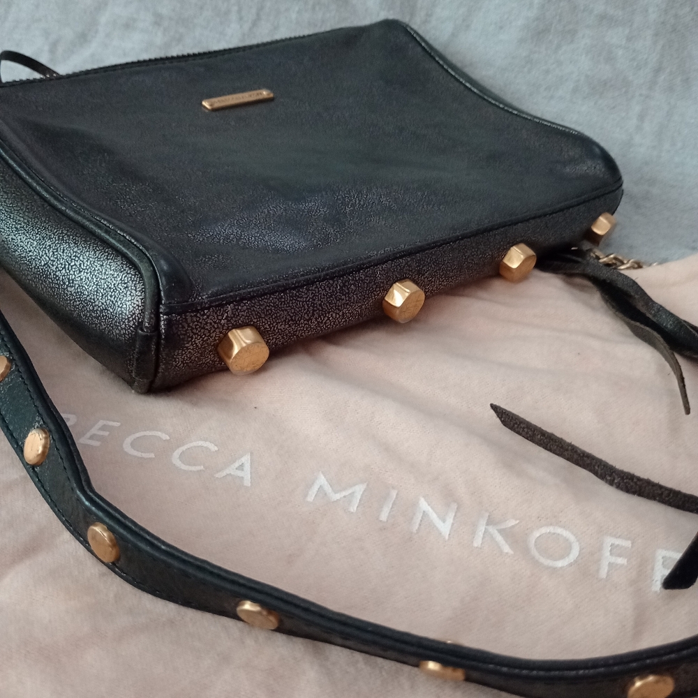 Rebecca Minkoff Gun Metal Leather Gold Studded  Crossbody bag